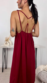 Vestido Espalda Abalorio Rojo Oscuro